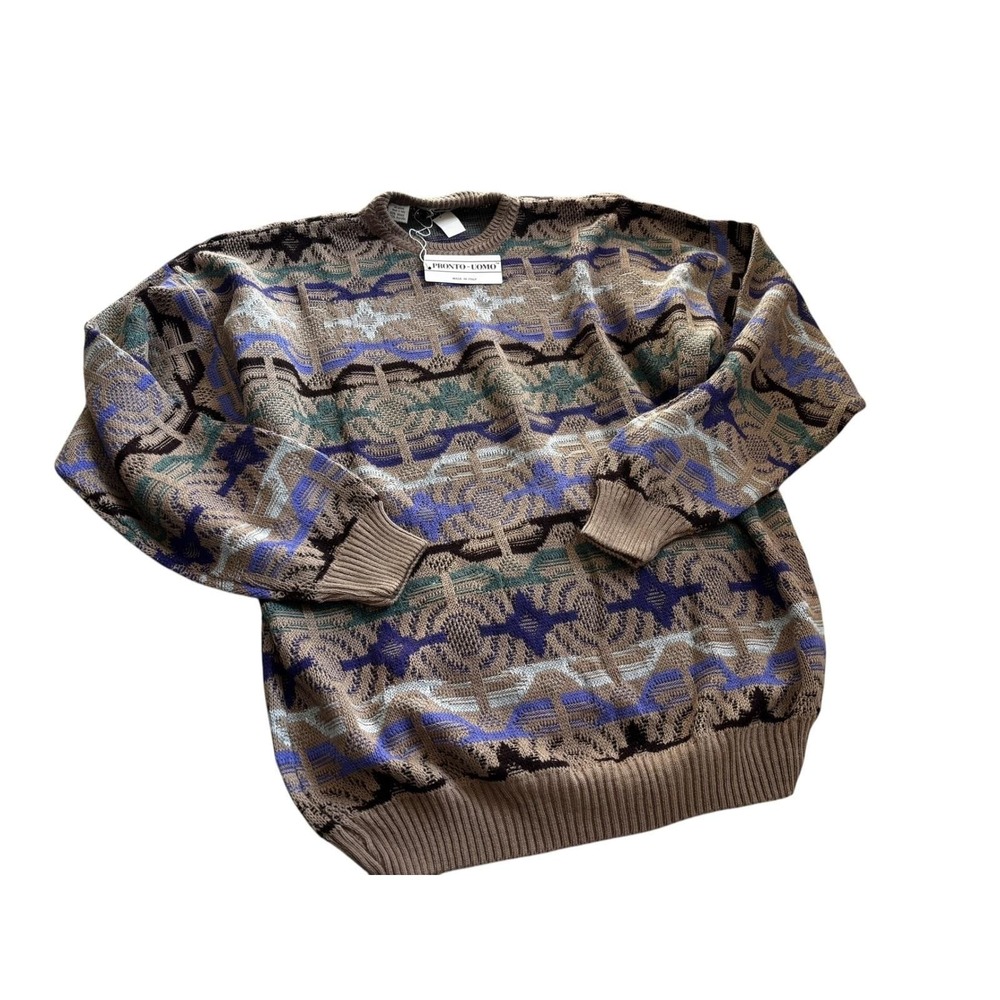 NWT Pronto Uomo Sweater Large Tan Purple Geometric Wool Vintage Made in Italy